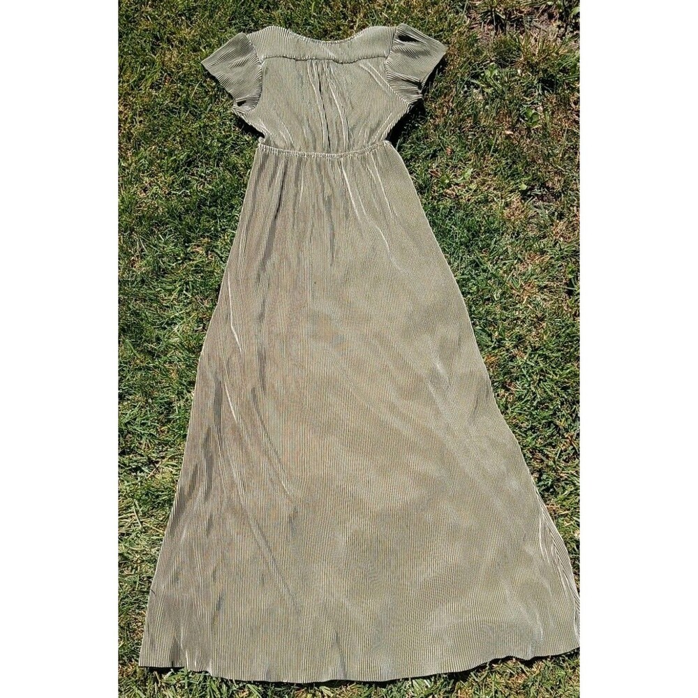 Baltic Born S Olive Green Metallic Pleated Maxi Dress NWOT Flutter Sleeve Empire - Picture 2 of 10